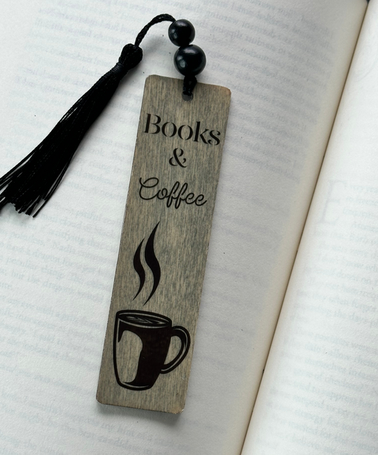 Books & Coffee - Wood Bookmark - (Weathered Grey)