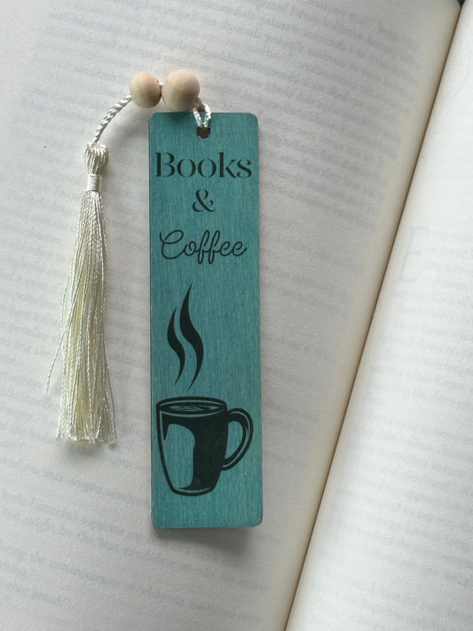 Books & Coffee - Wood Bookmark - (Antique Aqua)