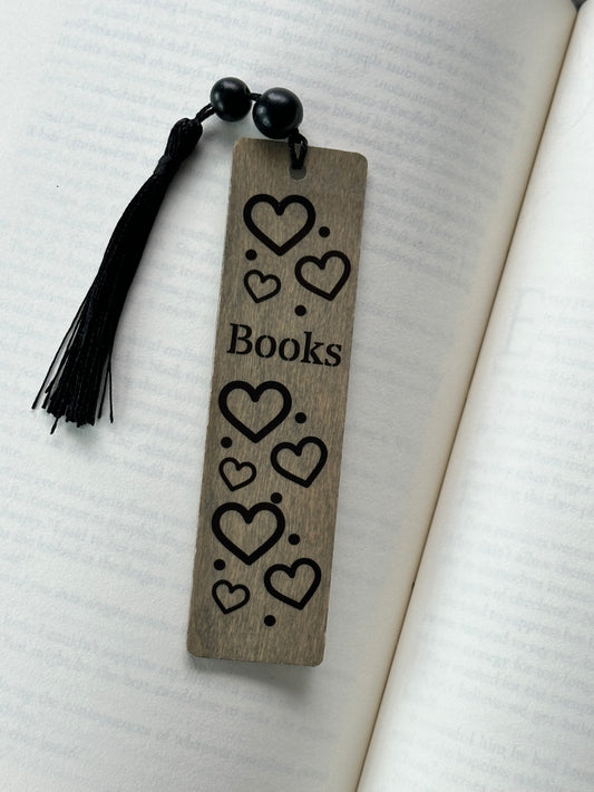 Hearts & Books - Wood Bookmark - (Weathered Grey)