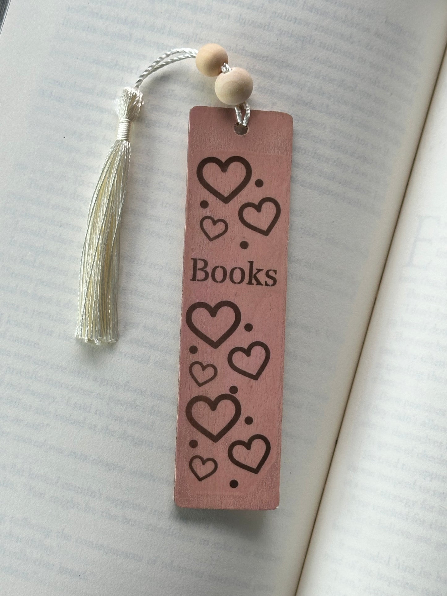 Hearts & Books - Wood Bookmark - (Rose)
