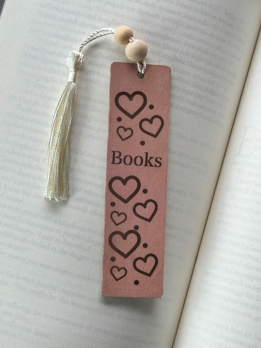 Hearts & Books - Wood Bookmark - (Rose)