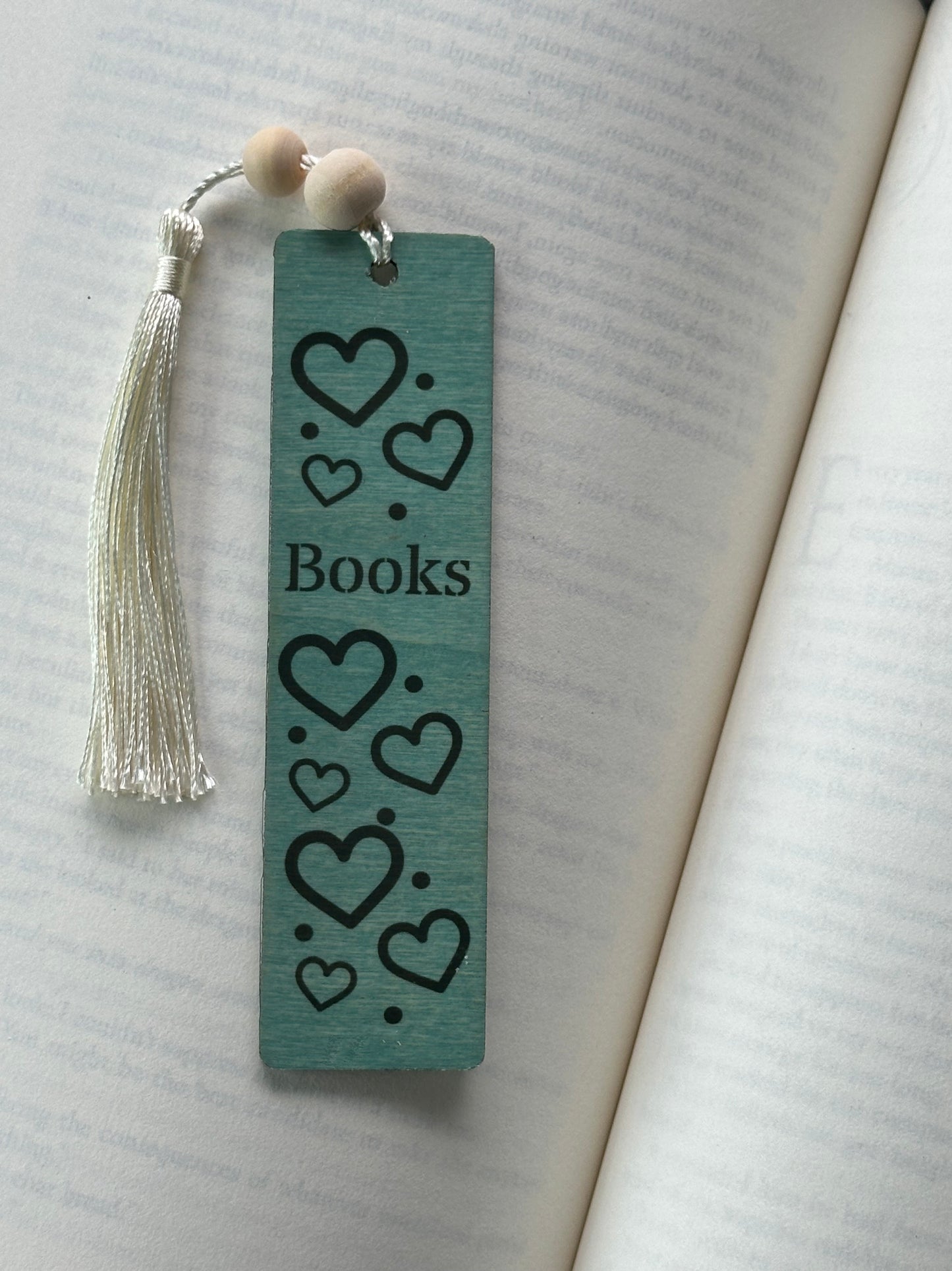 Hearts & Books - Wood Bookmark - (Antique Aqua)