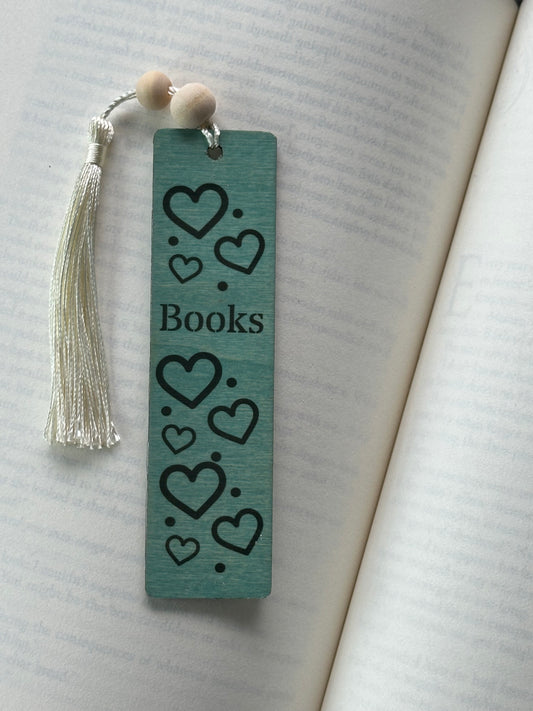 Hearts & Books - Wood Bookmark - (Antique Aqua)
